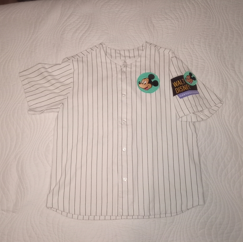 Disney Disneyland Embroidered Mickey Mouse Baseball Jersey Large White Pinstripe